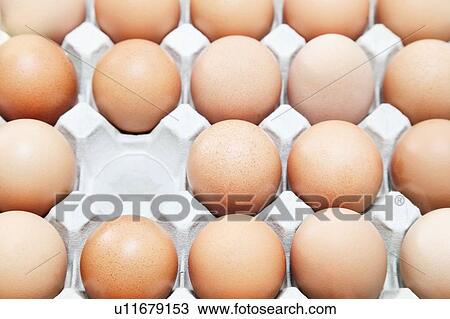 Stock Image - Rows of eggs with one missing. Fotosearch