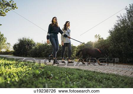 Stock Photograph - Sisters walking dog in park. Fotosearch