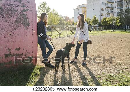 Stock Photography - Sisters with dog talking in park. Fotosearch