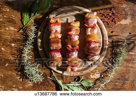 Skewers of raw meat, bell pepper, rosemary, peppercorn View Large Photo Image Stock Photograph - Skewers of raw meat, bell pepper, rosemary, peppercorn. Fotosearch