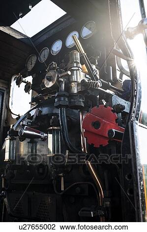 Stock Image - Steam train engine control panel. Fotosearch