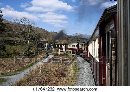 Stock Image - Steam train passing through countryside, Llanaber, Gwynedd, United Kingdom. Fotosearch