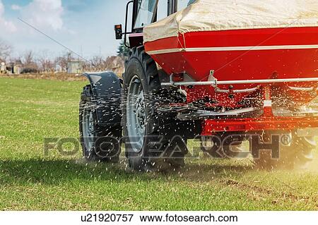 Tractor fertilizing wheat crop field with NPK View Large Photo Image Stock Photo - Tractor fertilizing wheat crop field with NPK. Fotosearch
