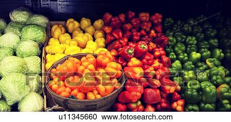 Variety of bell peppers on display for sale in market View Large Photo Image Stock Image - Variety of bell peppers on display for sale in market. Fotosearch