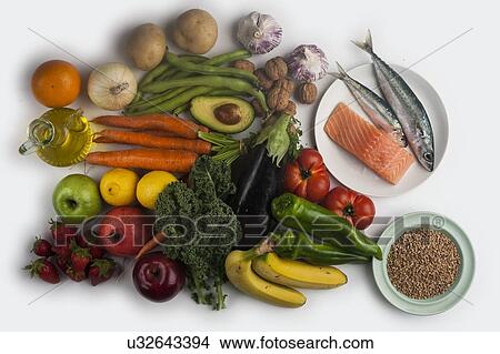 Vegetables, fruit, olive oil and fish View Large Photo Image Picture - Vegetables, fruit, olive oil and fish. Fotosearch