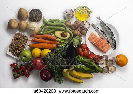 Vegetables, fruit, olive oil and fish View Large Photo Image Stock Image - Vegetables, fruit, olive oil and fish. Fotosearch