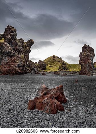 Volcanic rock formations on black sand beach, Snaefellsbaer, Vesturland, Iceland View Large Photo Image Stock Image - Volcanic rock formations on black sand beach, Snaefellsbaer, Vesturland, Iceland. Fotosearch