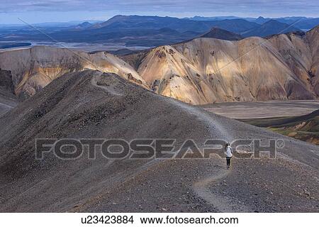 Picture - Woman on ridge of hill, Landmannalaugar, Iceland. Fotosearch