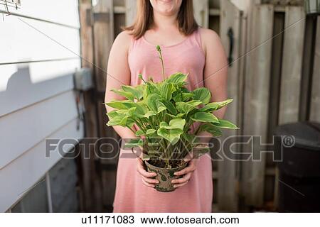 Stock Image - Woman with potted plant in garden. Fotosearch