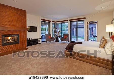 Bedroom interior with fireplace View Large Photo Image Stock Photograph - Bedroom interior with fireplace. Fotosearch