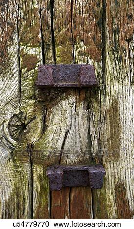 Stock Image - Close-up detail of weathered wooden fence post. Fotosearch