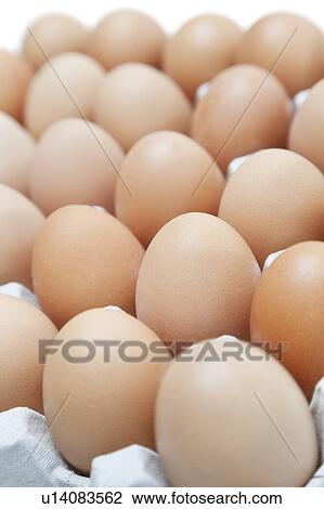 Stock Image - Close-up of brown eggs arranged in carton. Fotosearch