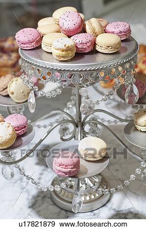 Stock Photo - Close-up of macaroons on cake stand. Fotosearch