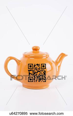 Stock Photography - Close-up of orange kettle with barcode over white background. Fotosearch