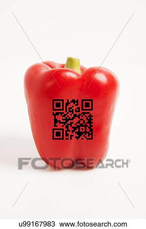 Stock Image - Close-up of red bell pepper with bar code over white background. Fotosearch