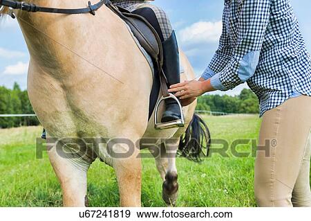Close up photo of mature woman putting young woman feet on stirrup iron View Large Photo Image Stock Photo - Close up photo of mature woman putting young woman feet on stirrup iron . Fotosearch