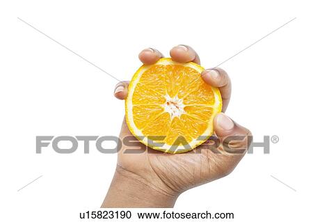 Stock Image - Cropped shot of a hand holding sliced pulpy orange against white background. Fotosearch