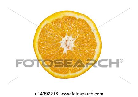 Stock Photograph - Cross section of sliced pulpy orange against white background. Fotosearch