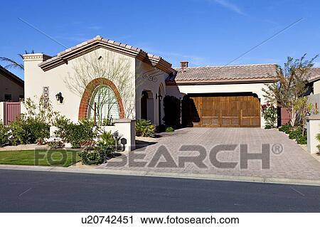 Stock Image - Façade of bungalow across the road. Fotosearch