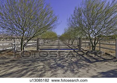 Stock Image - Front gate of ranch with dirt road.. Fotosearch