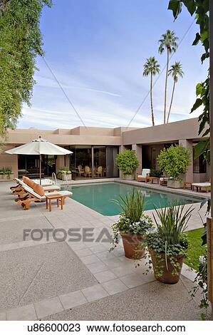 Stock Image - House exterior with pool. Fotosearch