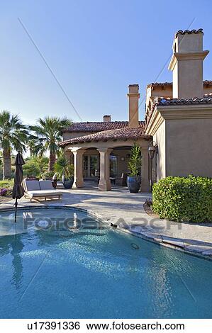 Stock Photograph - House exterior with pool. Fotosearch