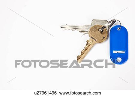 Keys with blue key ring tag on white background View Large Photo Image Stock Photograph - Keys with blue key ring tag on white background. Fotosearch