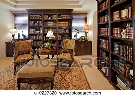 Stock Image - Library in luxury home. Fotosearch