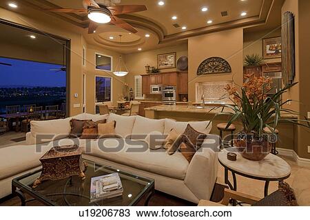 Living room interior with kitchen in background View Large Photo Image Stock Image - Living room interior with kitchen in background. Fotosearch