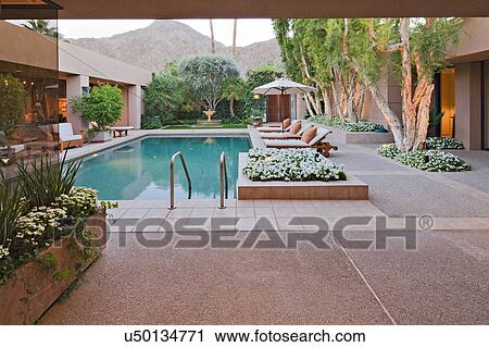 Stock Image - Looking outside to residential pool. Fotosearch