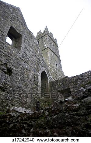 Stock Image - Looking up to the tower of Quin Abbey, Ireland. Fotosearch