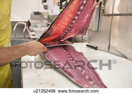 Stock Photo - Man cutting fish with kitchen knife. Fotosearch