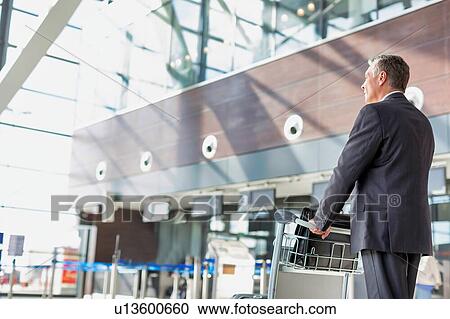 Mature businessman pushing baggage cart for check in at airport View Large Photo Image Stock Image - Mature businessman pushing baggage cart for check in at airport. Fotosearch