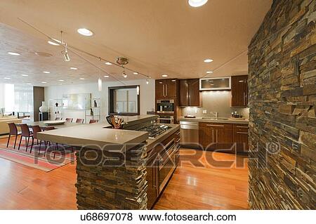 Stock Photo - Modern kitchen with hardwood floor in villa. Fotosearch