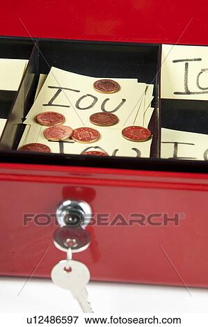 Stock Photo - Open box with IOU notes and coins. Fotosearch