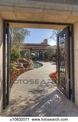 Open gate with path leading to front door View Large Photo Image Stock Image - Open gate with path leading to front door. Fotosearch