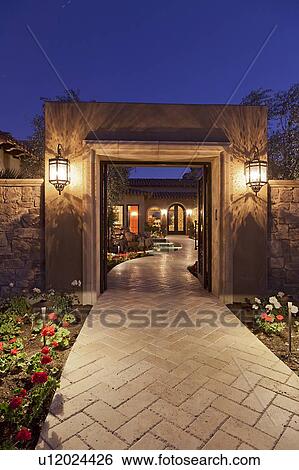 Open gate with path leading to front door View Large Photo Image Stock Photograph - Open gate with path leading to front door. Fotosearch