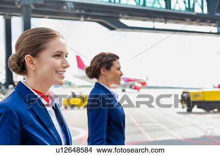 Picture - Photo of confident flight attendants walking against airplane in airport. Fotosearch