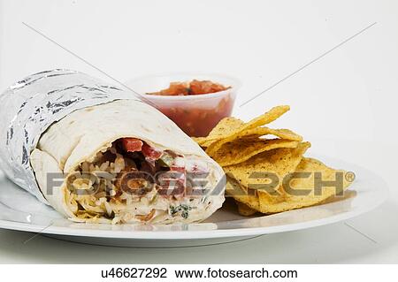 Plate of meat wrap and nachos with sauce over white background View Large Photo Image Stock Image - Plate of meat wrap and nachos with sauce over white background. Fotosearch