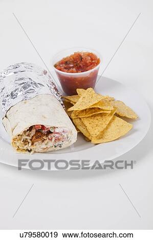 Plate of meat wrap and nachos with sauce over white background View Large Photo Image Stock Photo - Plate of meat wrap and nachos with sauce over white background. Fotosearch