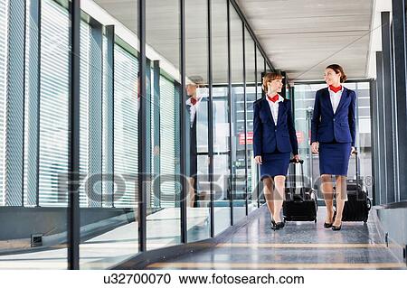 Stock Image - Portrait of attractive flight attendants walking with their suitcase in airport. Fotosearch