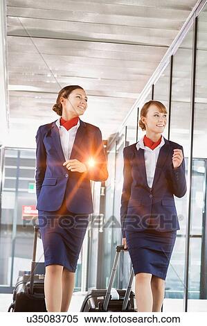 Stock Photography - Portrait of attractive flight attendants walking with their suitcase in airport. Fotosearch