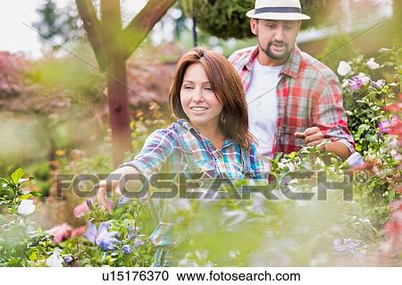 Stock Image - Portrait of beautiful gardener pointing on flowers. Fotosearch