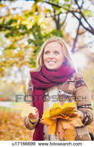 Portrait of beautiful woman holding maple leaves in park View Large Photo Image Stock Photo - Portrait of beautiful woman holding maple leaves in park. Fotosearch