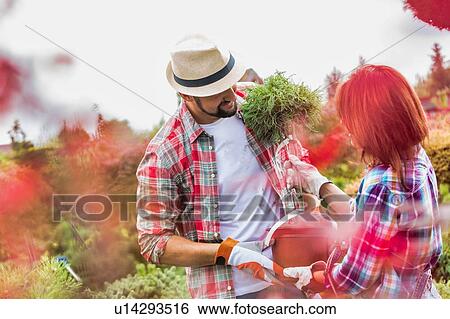 Stock Photograph - Portrait of man carrying pot while beautiful gardener checking plants in the garden. Fotosearch