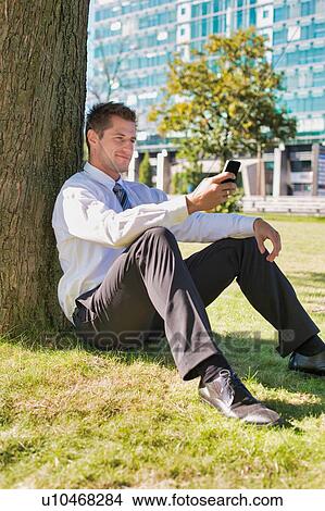 Picture - Portrait of mature businessman using smartphone while sitting under the tree . Fotosearch