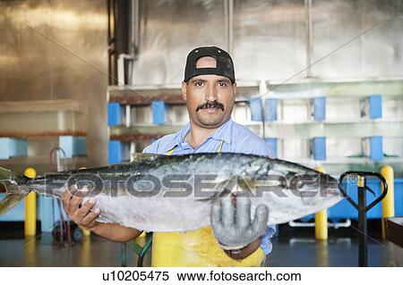 Stock Photography - Portrait of mature fishmonger holding salmon fish. Fotosearch
