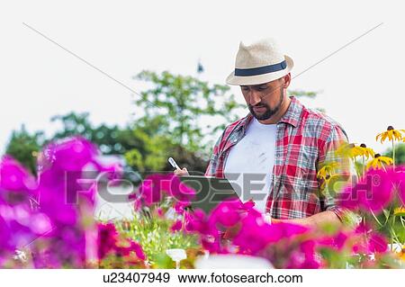 Stock Photo - Portrait of mature gardener writing report on clipboard over flowers in shop. Fotosearch