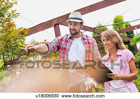 Portrait of mature gardeners examining plants while writing report on clipboard View Large Photo Image Stock Image - Portrait of mature gardeners examining plants while writing report on clipboard. Fotosearch