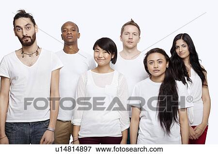 Portrait of multi-ethnic friends in white t-shirts standing together over white background View Large Photo Image Stock Photo - Portrait of multi-ethnic friends in white t-shirts standing together over white background. Fotosearch